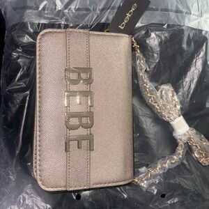 bebe Metallic Taupe Shimmer Crossbody Bag with Chain Strap